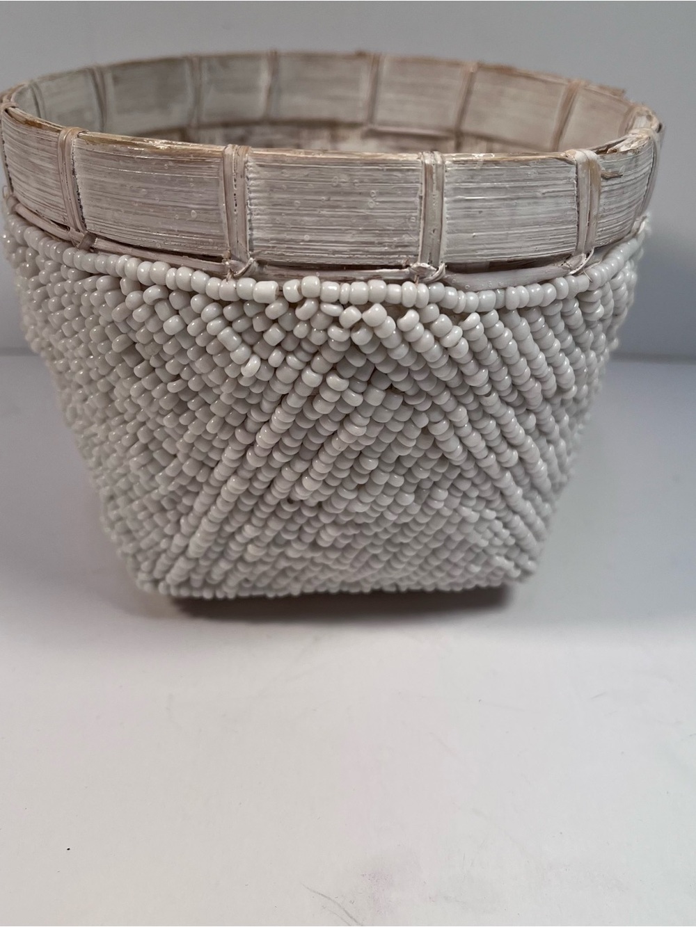White Bamboo Beaded Trinket Basket